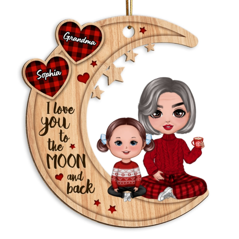 Checkered Pattern Heart Doll Grandma & Grandkid Sitting On Moon Personalized Wooden Ornament