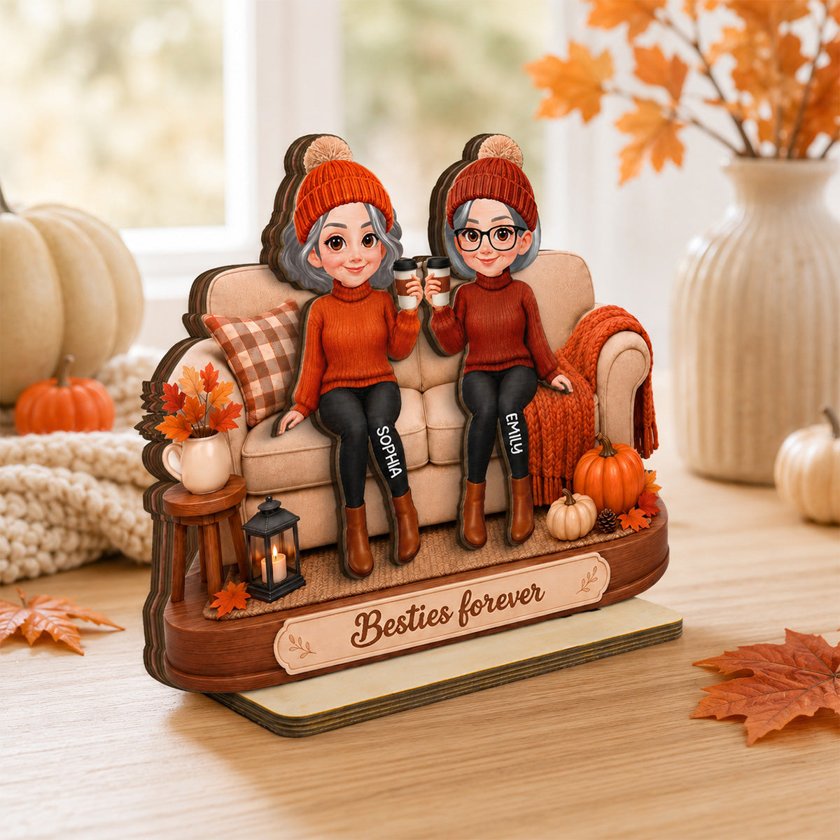 Besties Sitting On Pumpkin Spice Latte 2D Flat - Personalized Wooden Plaque - Cozy Fall Gift