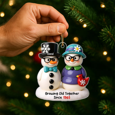Snowman Couple Growing Old Together Personalized Acrylic Ornament, 3D Effect Ornament for Couple