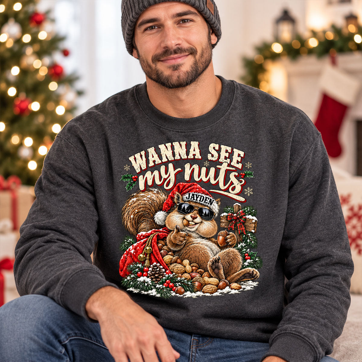 Wanna See My Nuts Funny Christmas Theme - Personalized Shirt - Funny Christmas Gift For Him, Adult Humor, Ugly Christmas Sweater