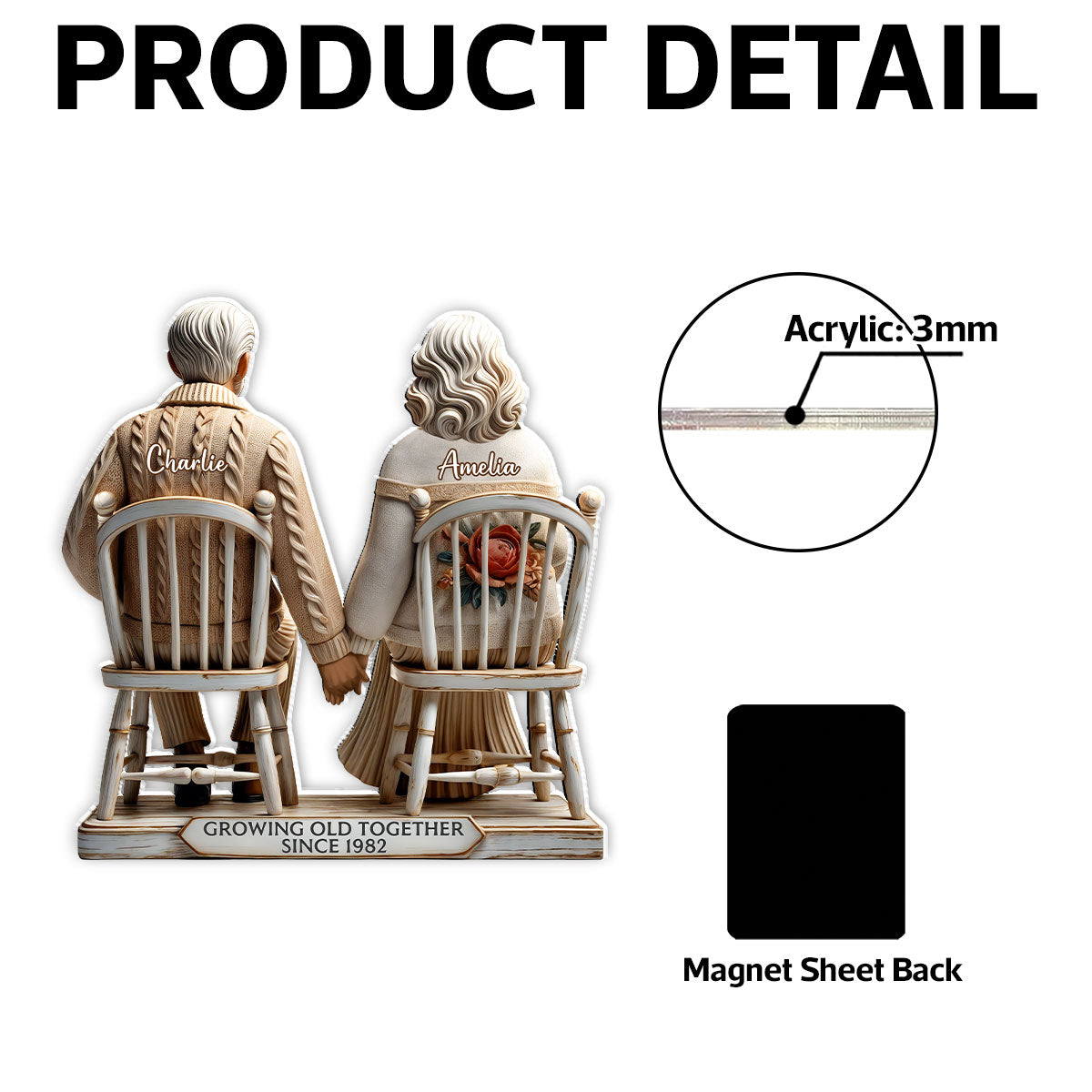 3D Effect Old Couple Sitting Together Personalized Acrylic Fridge Magnet, Heartfelt Gift For Couple, For Him, For Her, Husband, Wife