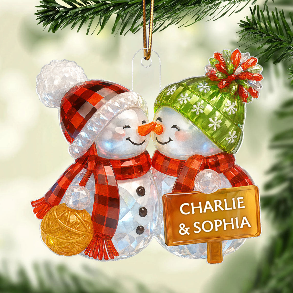 Kissing Snowman Couple 3D Crystal Effect - Personalized Acrylic Ornament