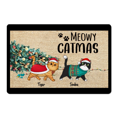 Meowy Catmas Knocked Over Christmas Tree Personalized Doormat