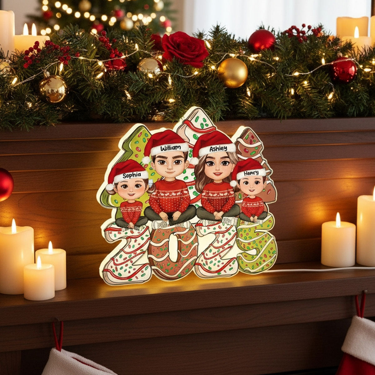 Christmas Tree Cake Family Personalized LED Light Box