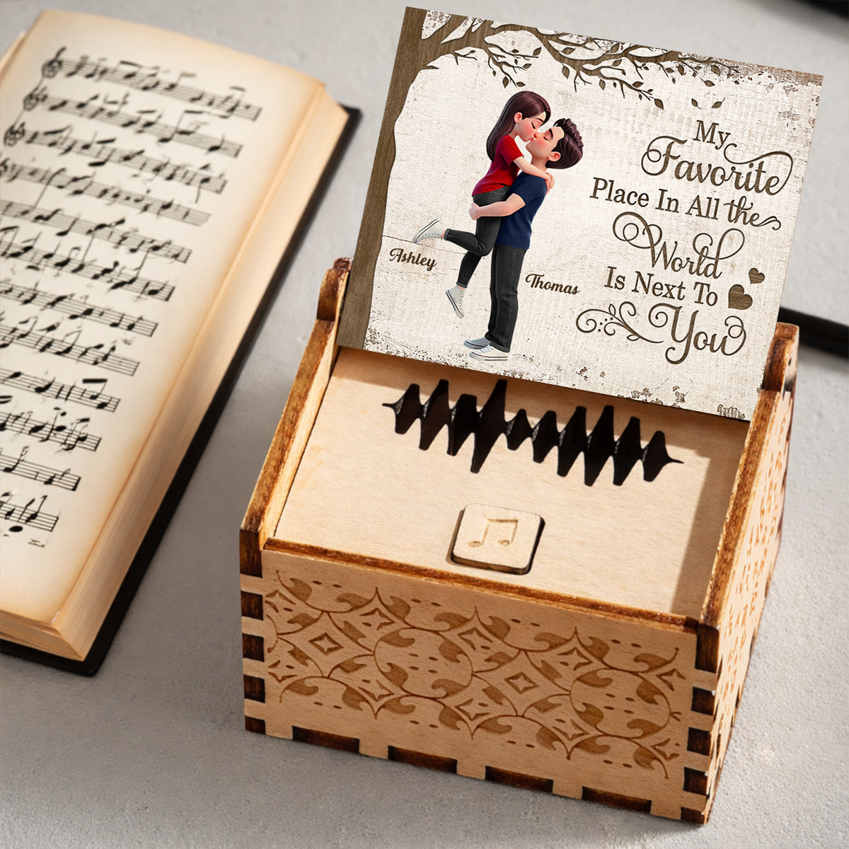 My Favorite Place is Next to You Couple Hugging Kissing - Personalized Wooden Music Box - Heartfelt Valentine's Day Gift for Her, for Him