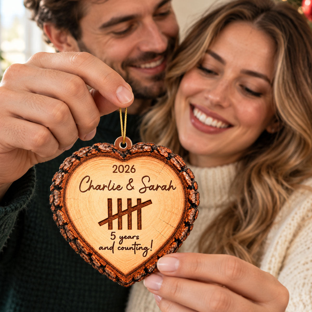 Years and Counting Rustic Heart Wood Slice - Personalized Wooden Ornament – Custom Anniversary Keepsake Gift for Couples