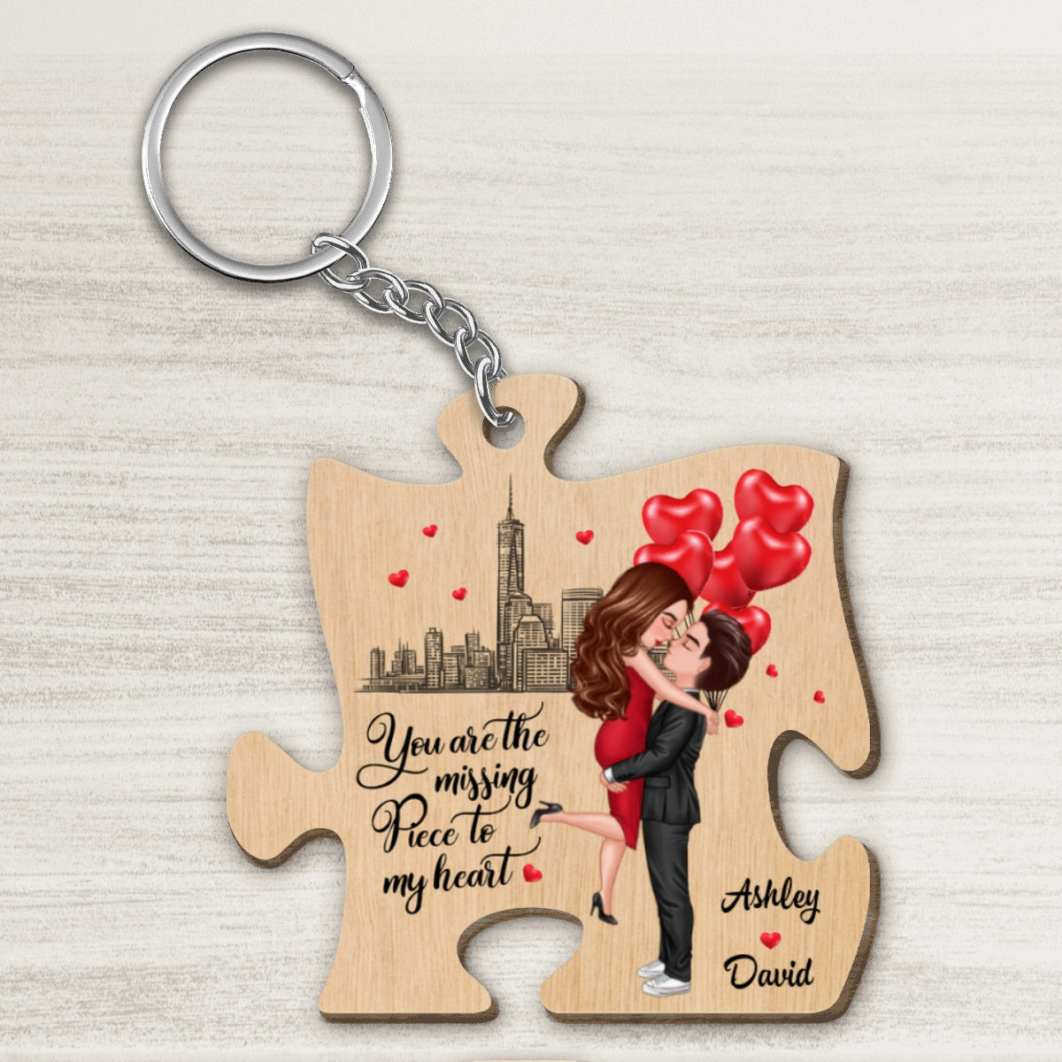 The Missing Piece To My Heart Doll Couple Hugging Kissing Gift For Him For Her Personalized Wooden Keychain