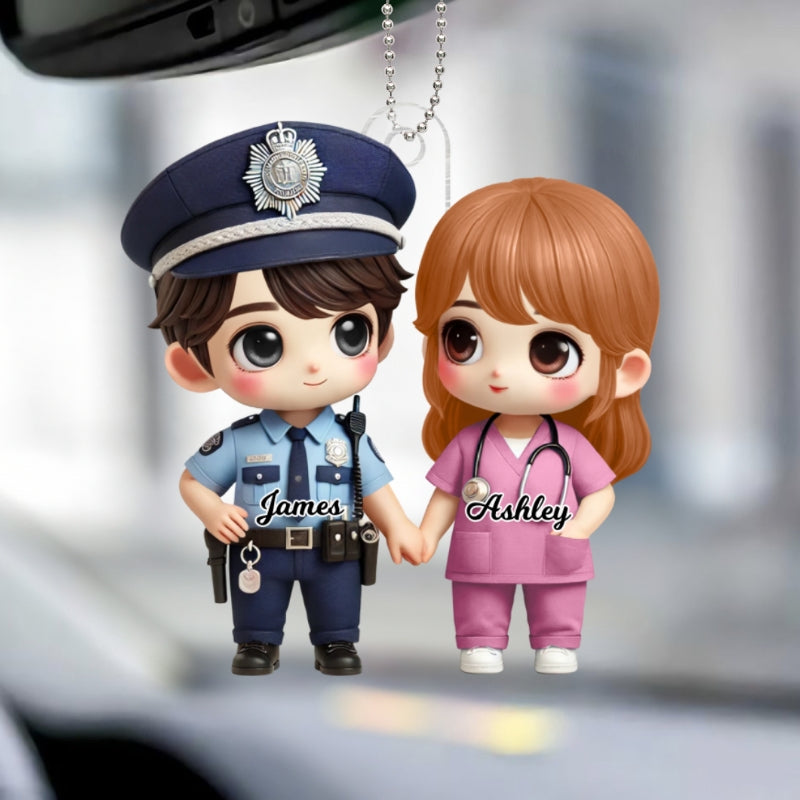 3D Effect Cute Cartoon Couple Gift by Occupation Gift For Her Gift For Him Personalized Acrylic Car Hanger, Anniversary Gift For Couple
