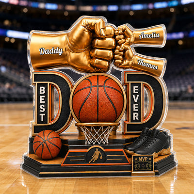 Basketball Dad & Kids Fist Bump - Personalized Acrylic Block Plaque - Father's Day Gift For Dad, Husband