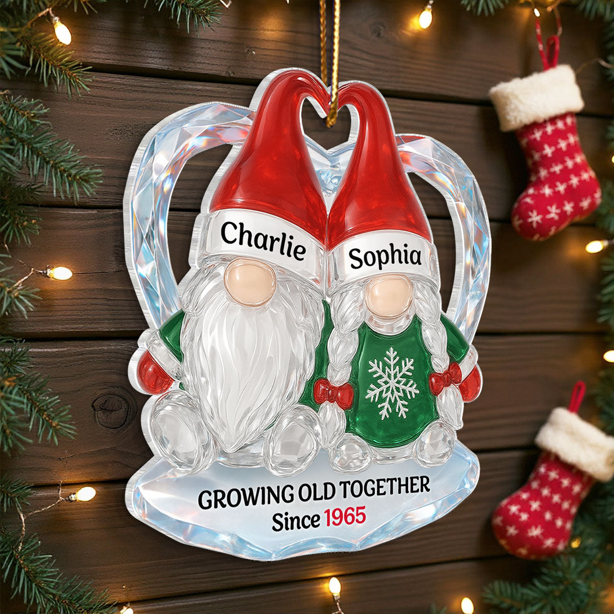 Christmas Gnomes Couple 3D Crystal Effect - Personalized Acrylic Ornament