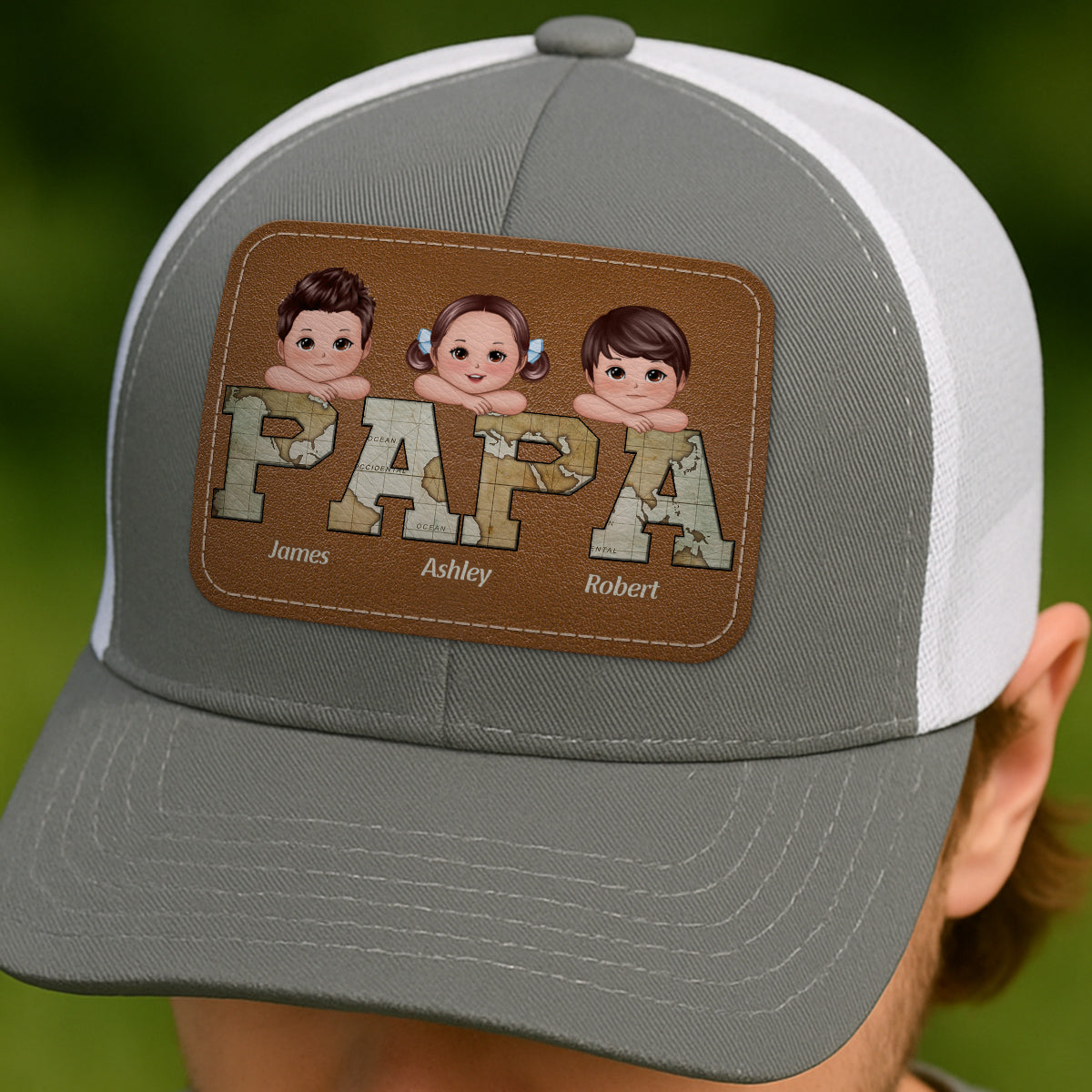 Grandpa Dad We Love You World Map Pattern Doll Kids On Hand Personalized Leather Patch Hat