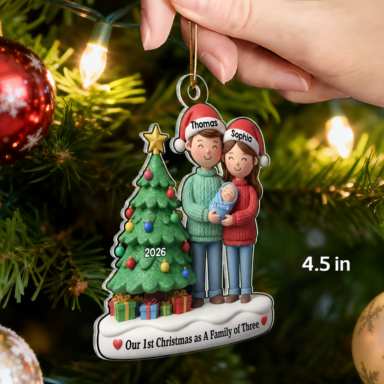 3D Effect First Christmas As Family Of Three Mom Dad & Baby By Tree - Personalized Acrylic Ornament