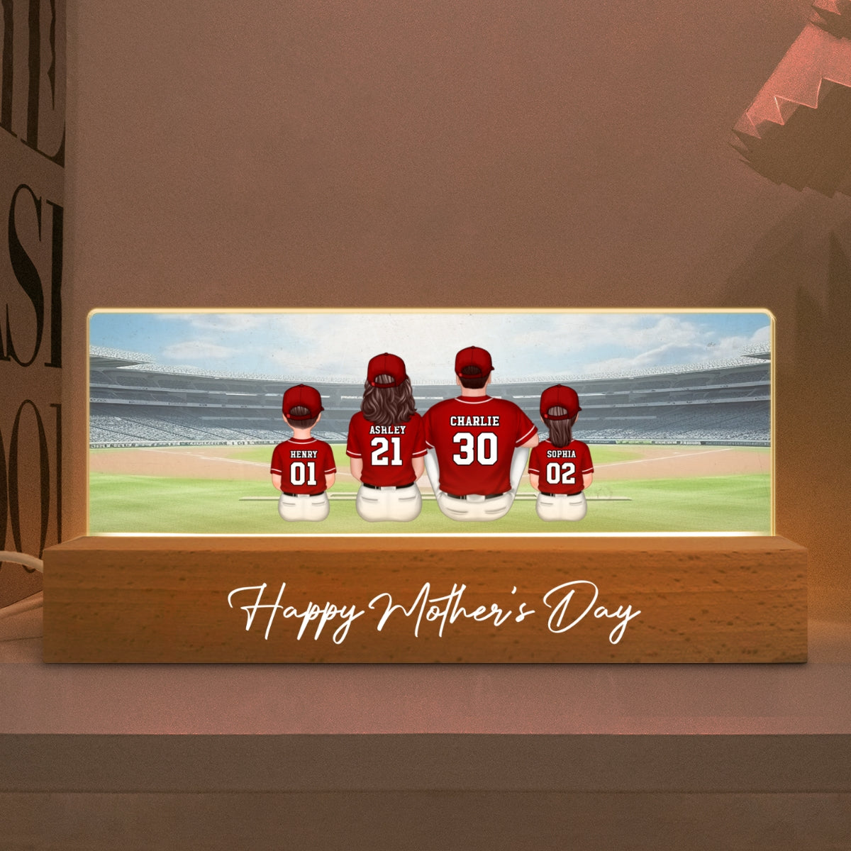 Mommy's Team Baseball Family Sitting Personalized Acrylic Block LED Night Light, Gift For Mom, Grandma, Wife