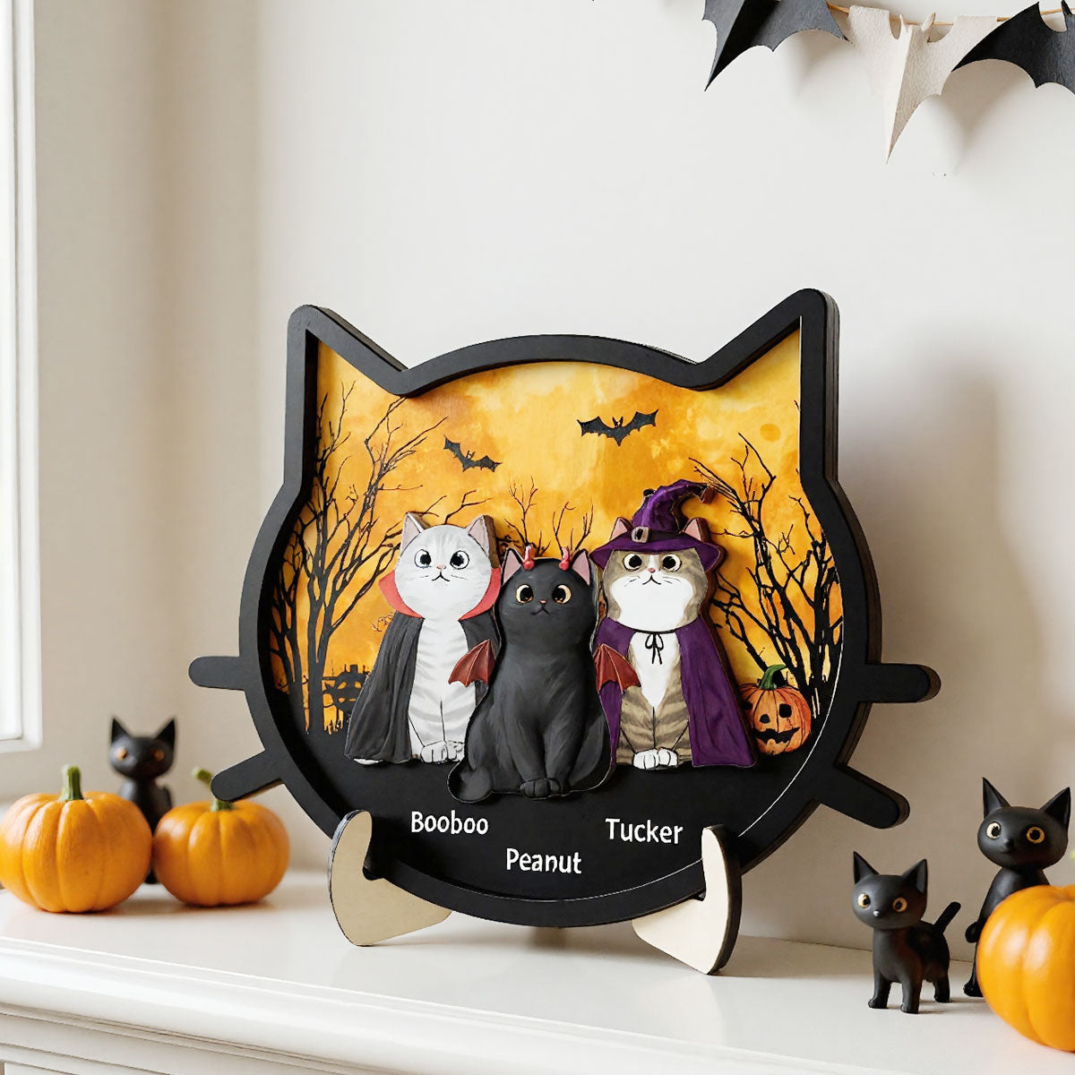Spooky Halloween Theme Cat Face Personalized 2-Layer Wooden Plaque