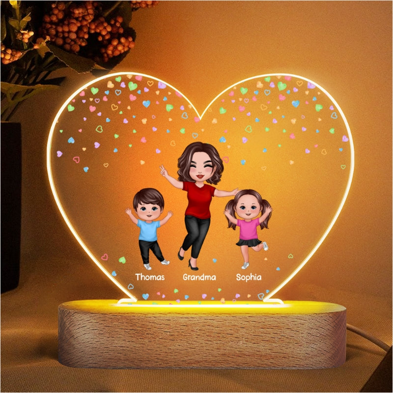 Colorful Flying Hearts Happy Doll Grandma Mom And Kids Personalized Heart Acrylic Plaque LED Night Light