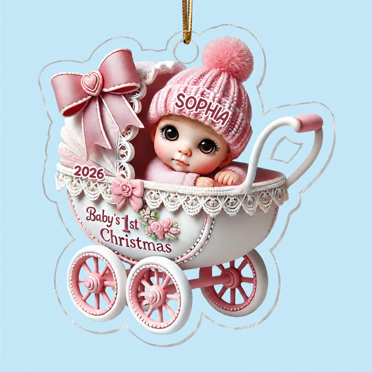 3D Effect Newborn Baby In Carriage Christmas Personalized Acrylic Ornament, Christmas Gift For Newborns, New Parents