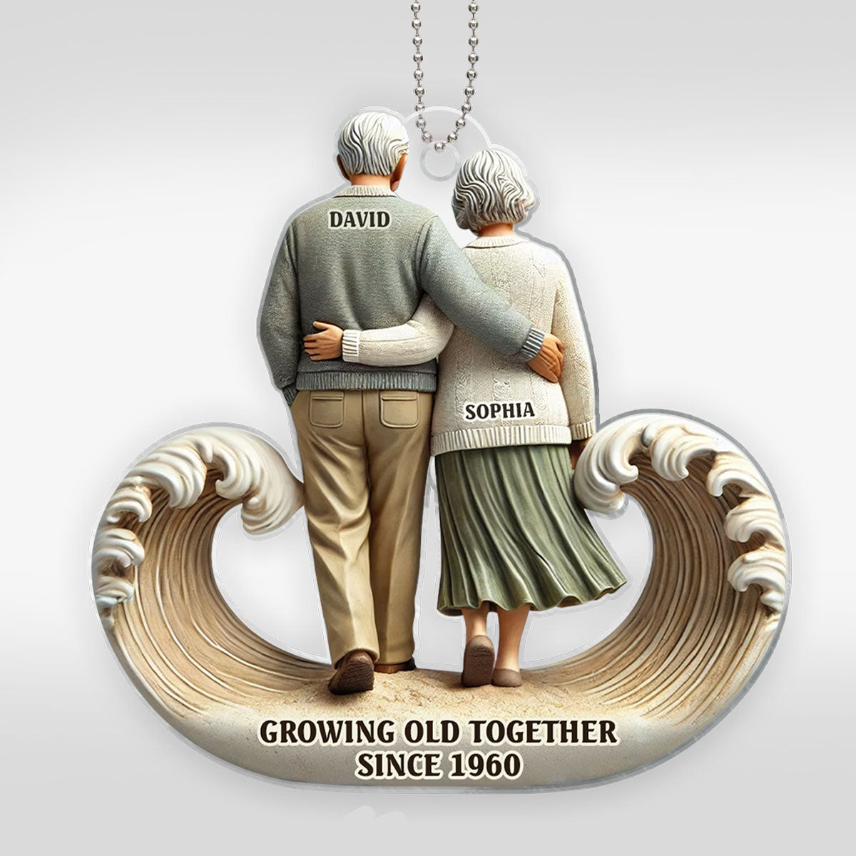3D Effect Sea Waves Old Couple Walking Together Personalized Car Hanger Ornament, Heartfelt Gift For Couple, For Him, For Her, Husband, Wife