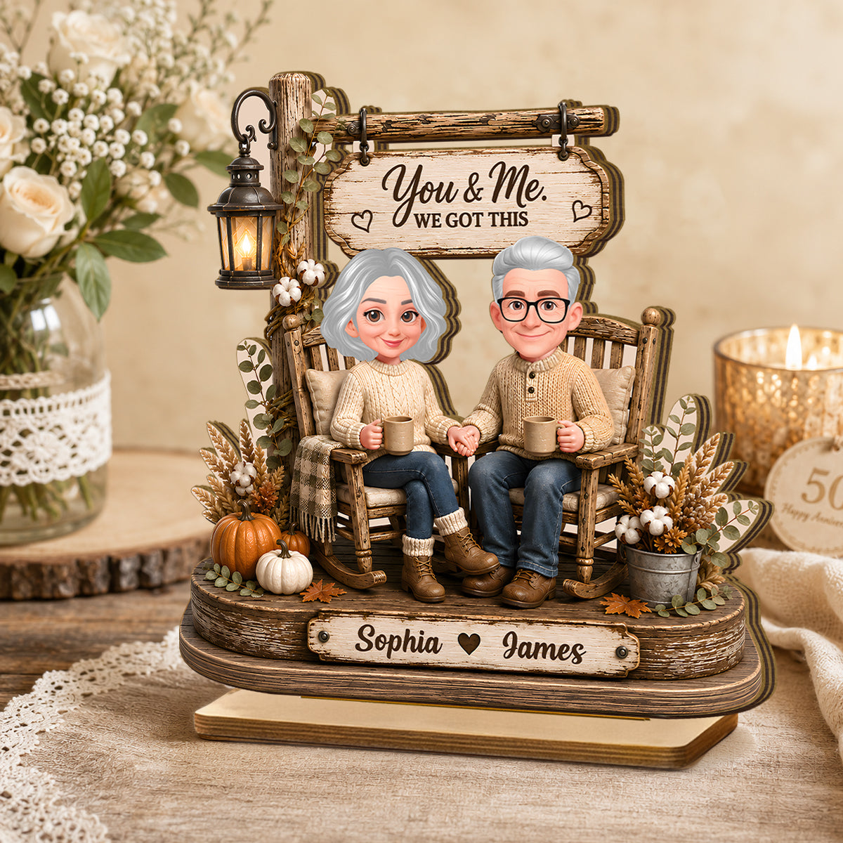 Husband Wife Sitting on Rocking Chair - Personalized 2-Layered Wooden Plaque - Anniversary Gift for Her, for Him