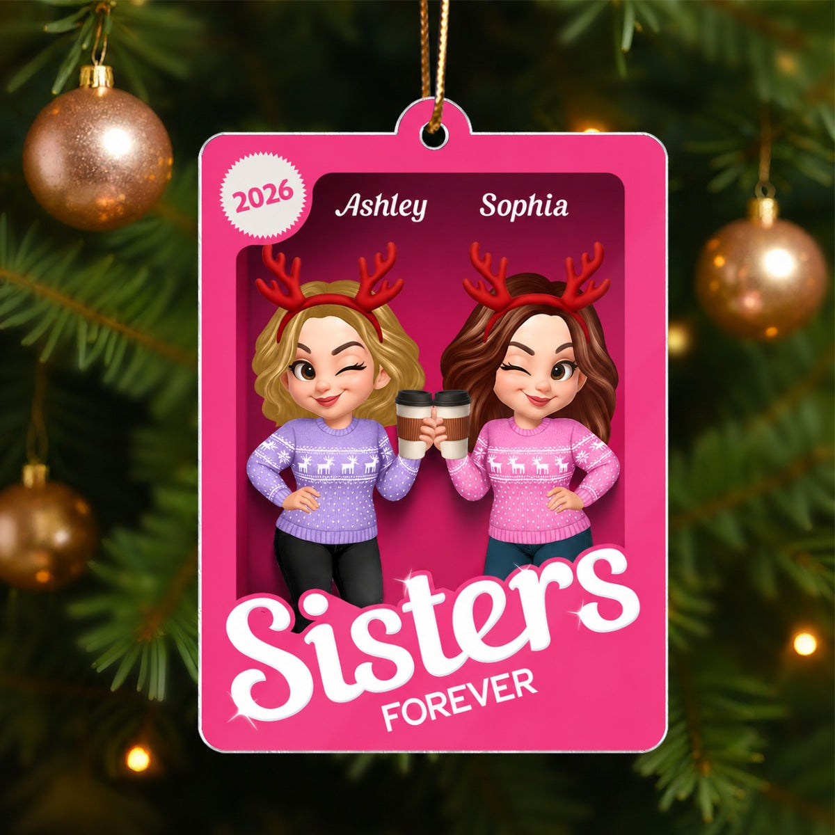 Christmas Besties Forever Pink 3D Effect Action Figure Personalized Acrylic Ornament