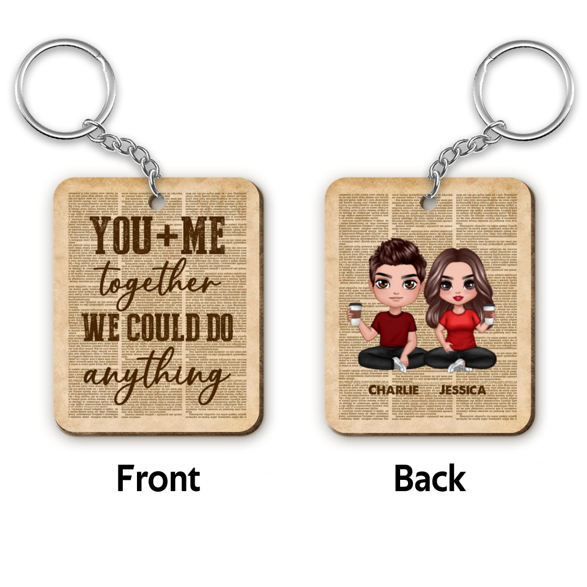 You And Me Together Couple Newspaper Personalized Wooden Keychain