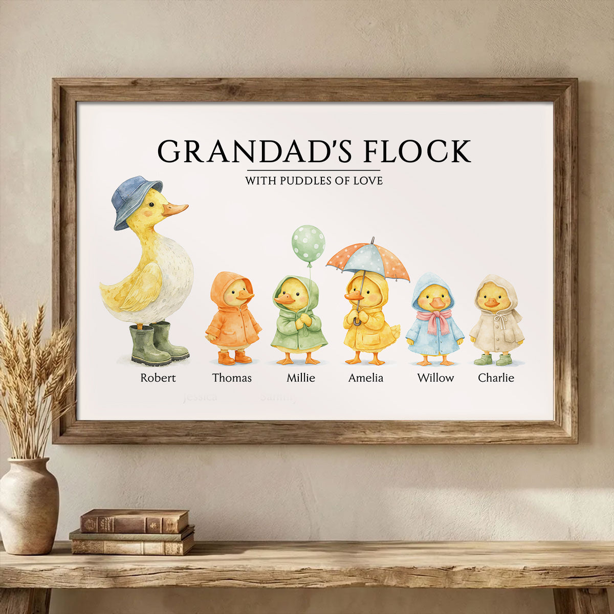 Grandparents Grandad Grandma's Flock with Puddles of Love - Personalised Poster - UK Father's Day Gift for Grandpa