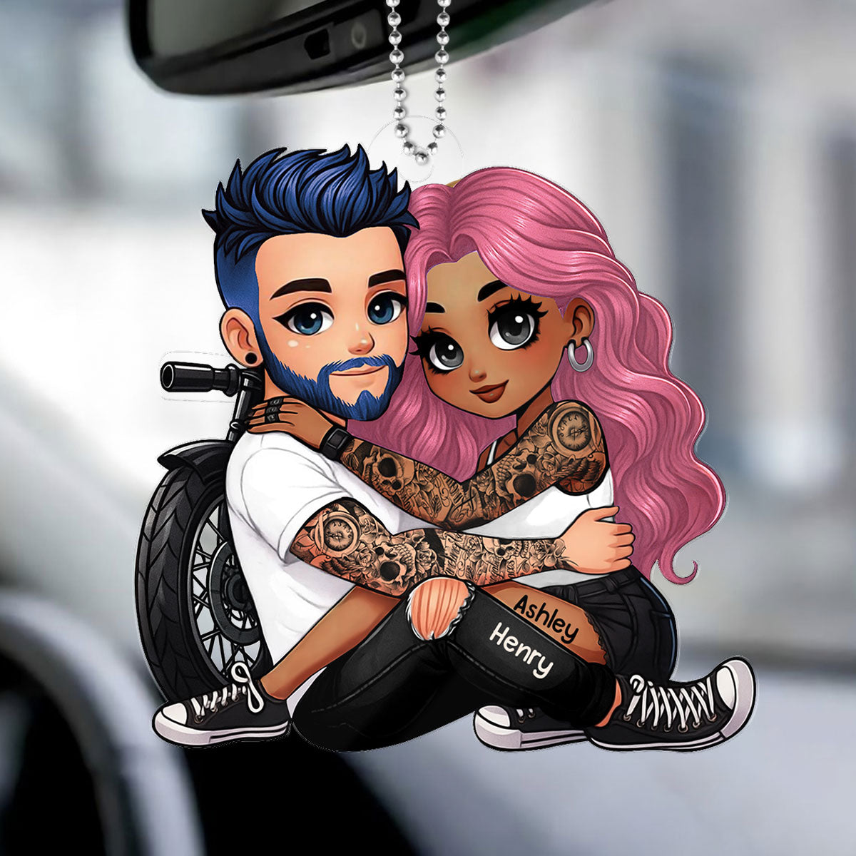 Biker 3D Cartoon Effect Couple Personalized Acrylic Car Ornament, Gift for her, Gift for him, Motorcycle Lovers