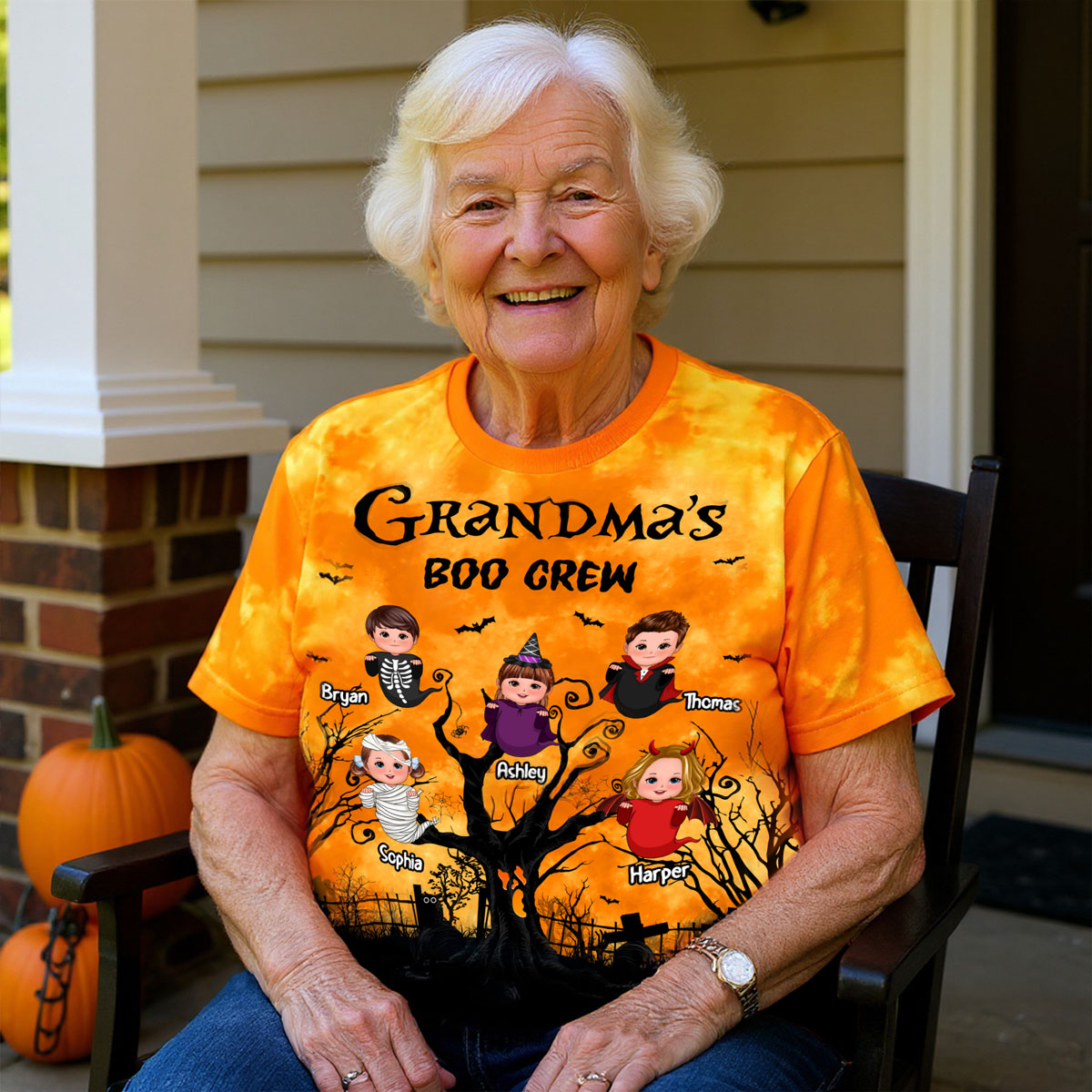 Grandma's Boo Crew Moon Bat Tree Theme Personalized Shirt, Perfect Halloween Costume for Grandma