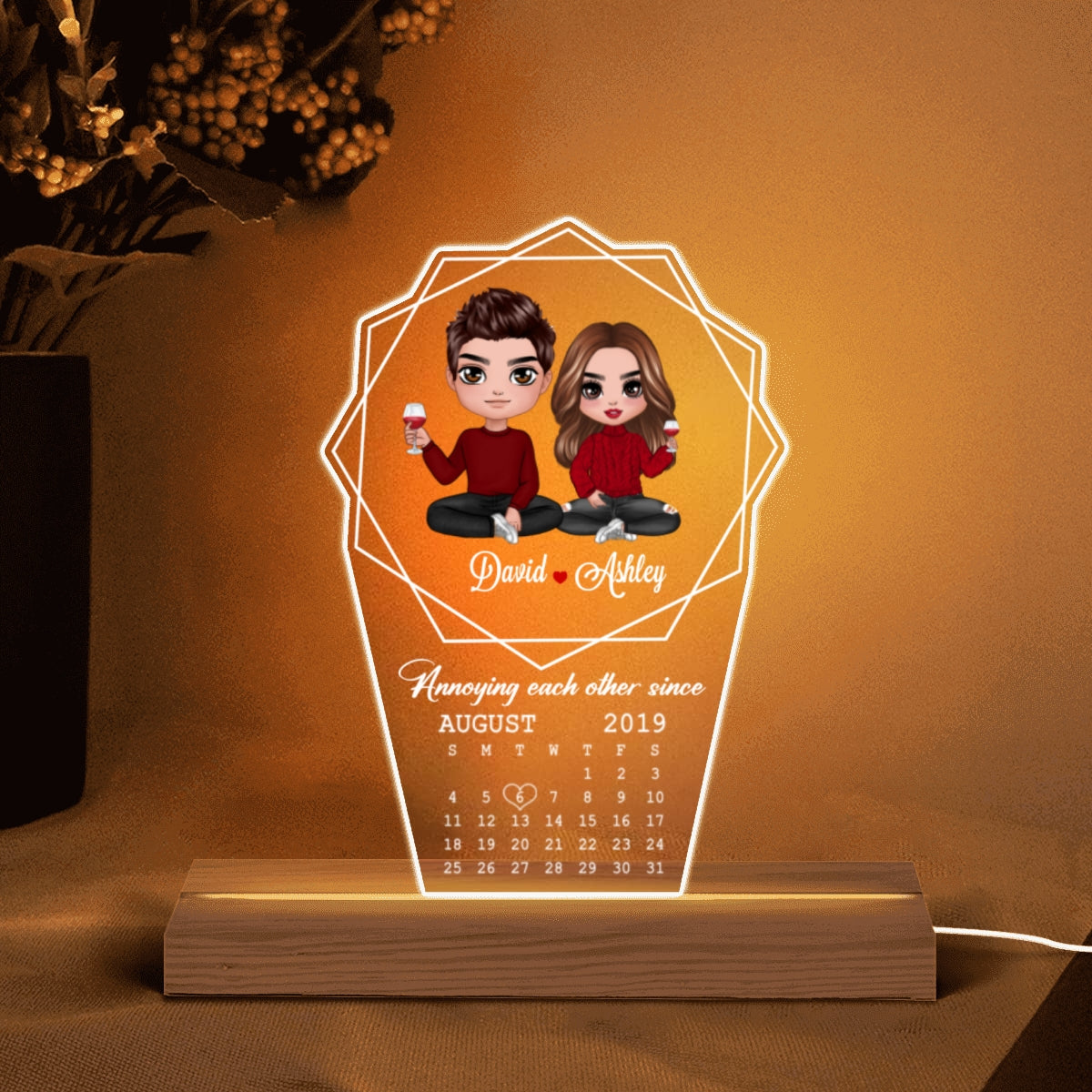 Hexagon Layers Frame Doll Couple Sitting Calendar Anniversary Date Personalized Custom Shape LED Night Light
