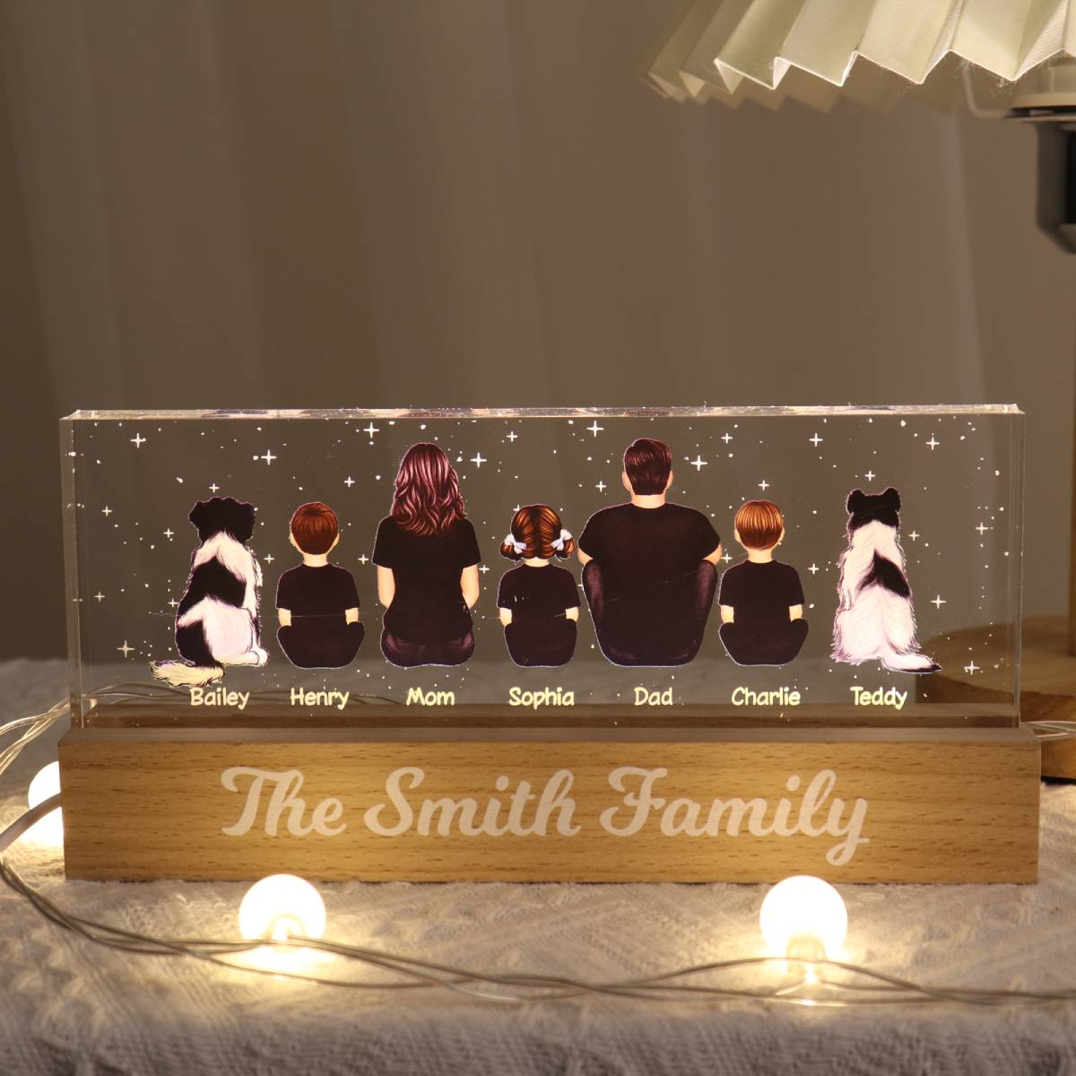The Whole Family Dad Mom Kids Dogs Cats Personalized Acrylic Block LED Night Light