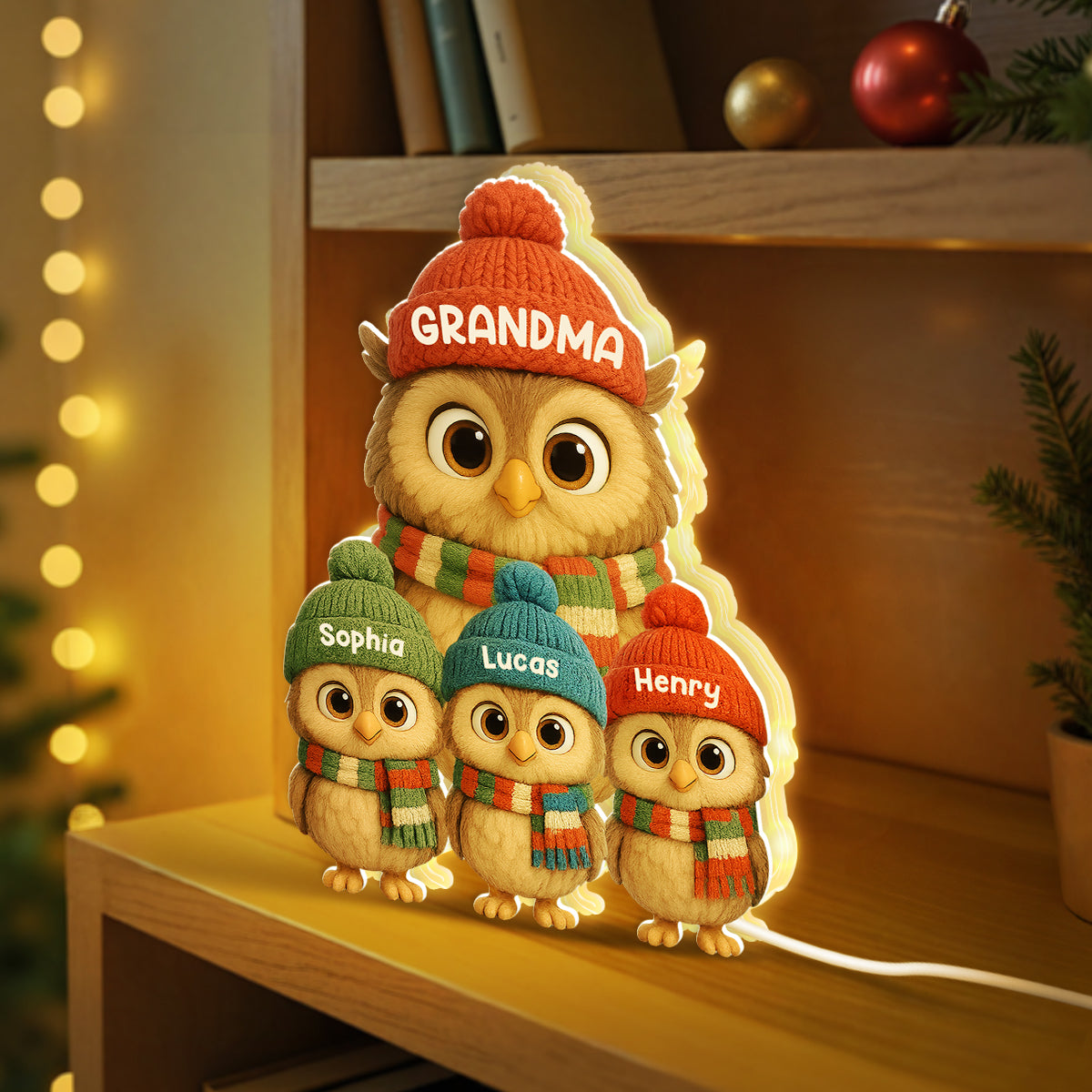 3D Effect Heartwarming Christmas Owls Grandma Grandkids - Personalized Light Box
