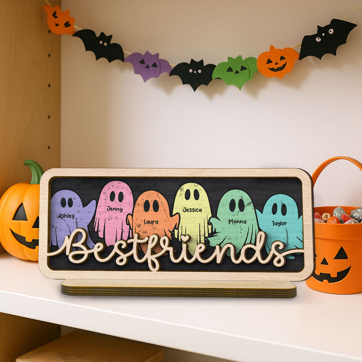 Besties Sister Best Friends Boo Crew Personalized 2-Layer Wooden Plaque, Halloween Gift