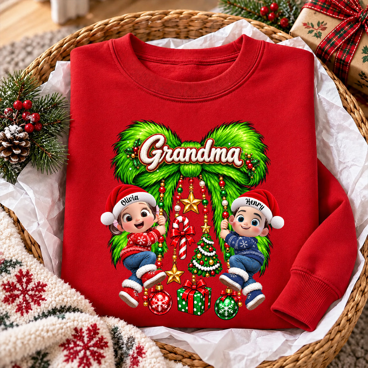 Cute Grandkids Green Bow Charm - Personalized Shirt - Trendy Christmas Tee for Grandma, Christmas Gift for Mom, Wife