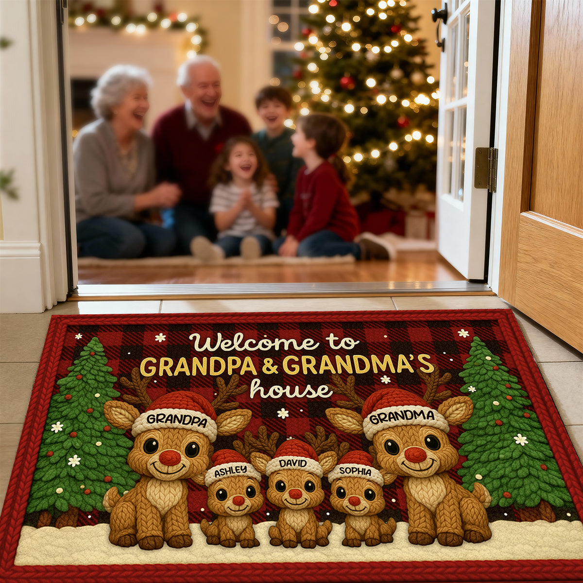 Grandma Grandpa Reindeers Crochet Faux Yarn Texture - Personalized Doormat - Christmas Decoration