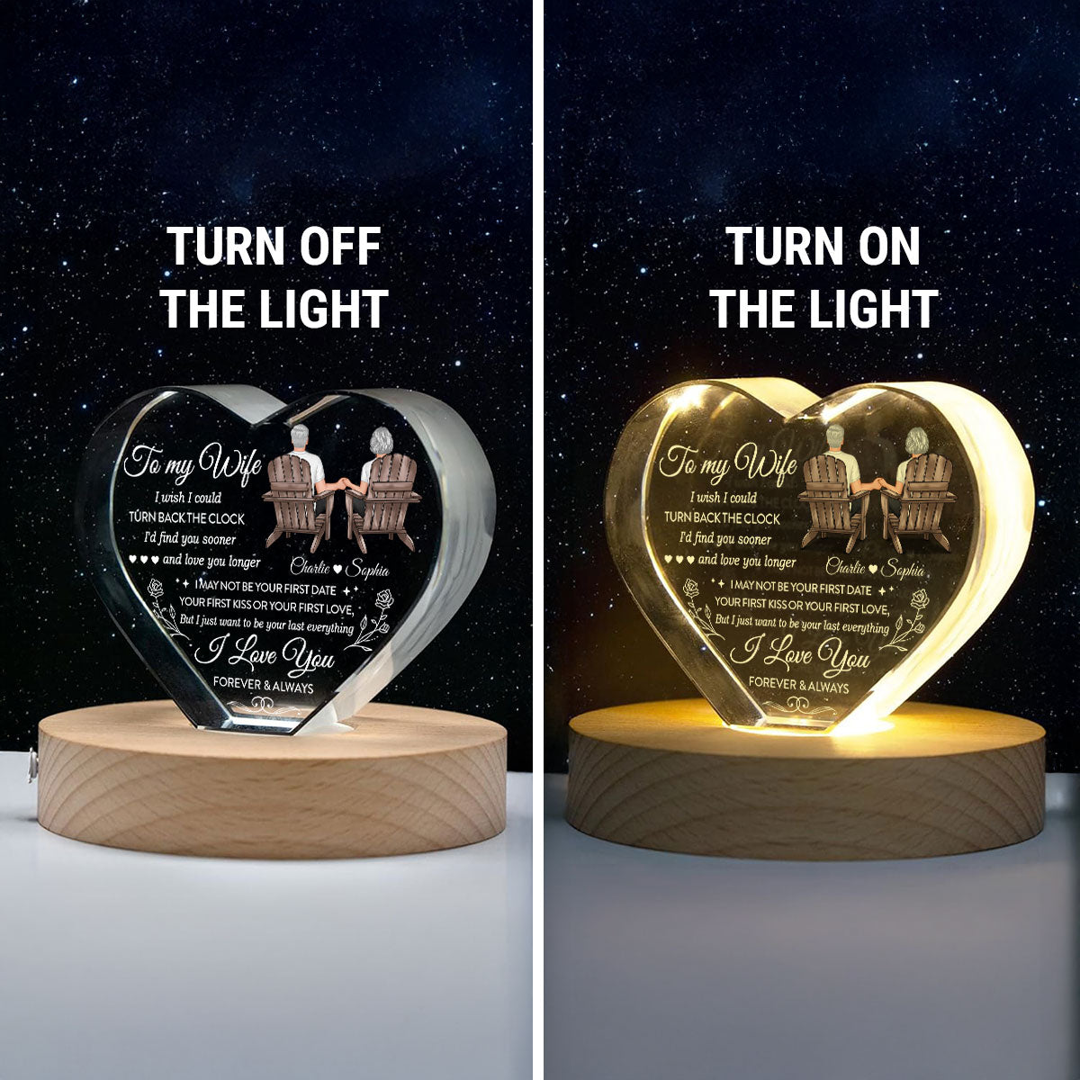 To My Wife I Wish I Could Turn Back The Clock Premium Crystal Heart LED, Heartfelt Personalized Couple Anniversary Gift For Couple, Last-minute Valentine's Gift For Her, For Wife, FREE DELIVERY