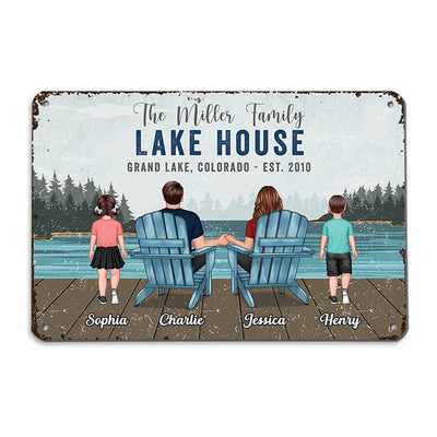 Lake House Sign Family Couple Kid Back View Lake View Personalized Metal Sign