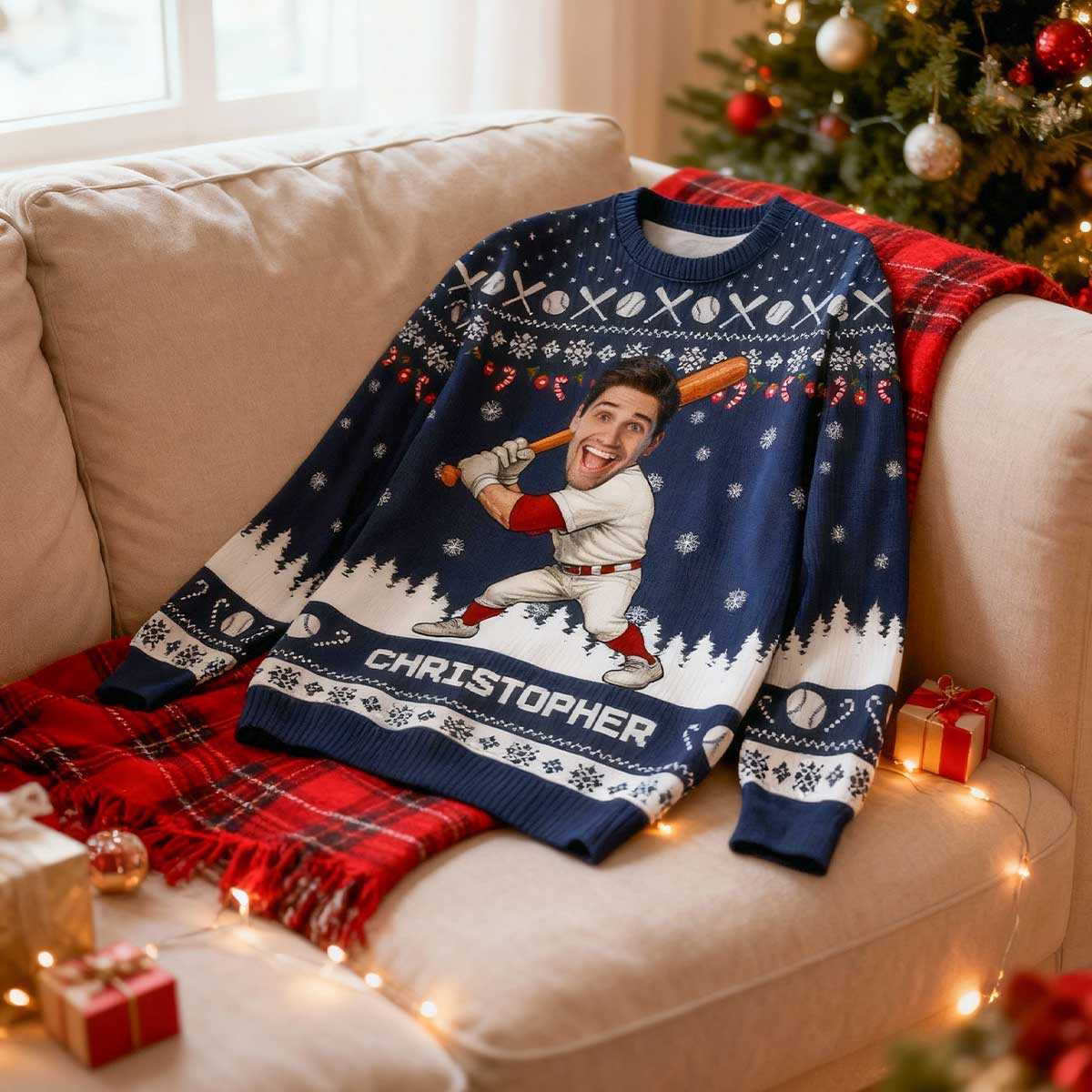 Baseball Player Custom Face Photo - Personalized Faux Knitting Ugly Sweater - Christmas Gift For Baseball Lover