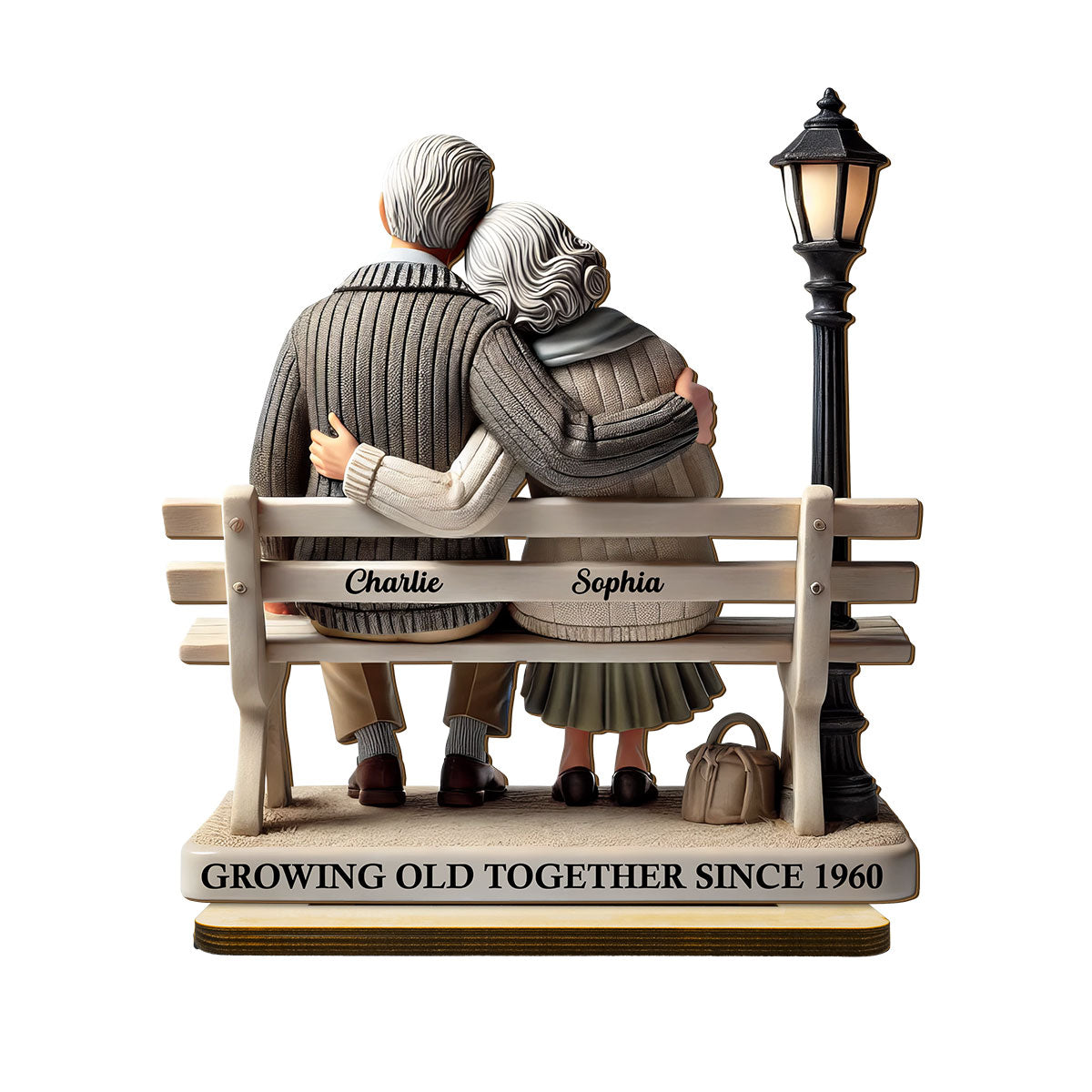 3D Effect Old Couple Sitting On Bench At The Park Personalized Standing Wooden Plaque, Heartfelt Gift For Couple, For Him, For Her, Husband, Wife