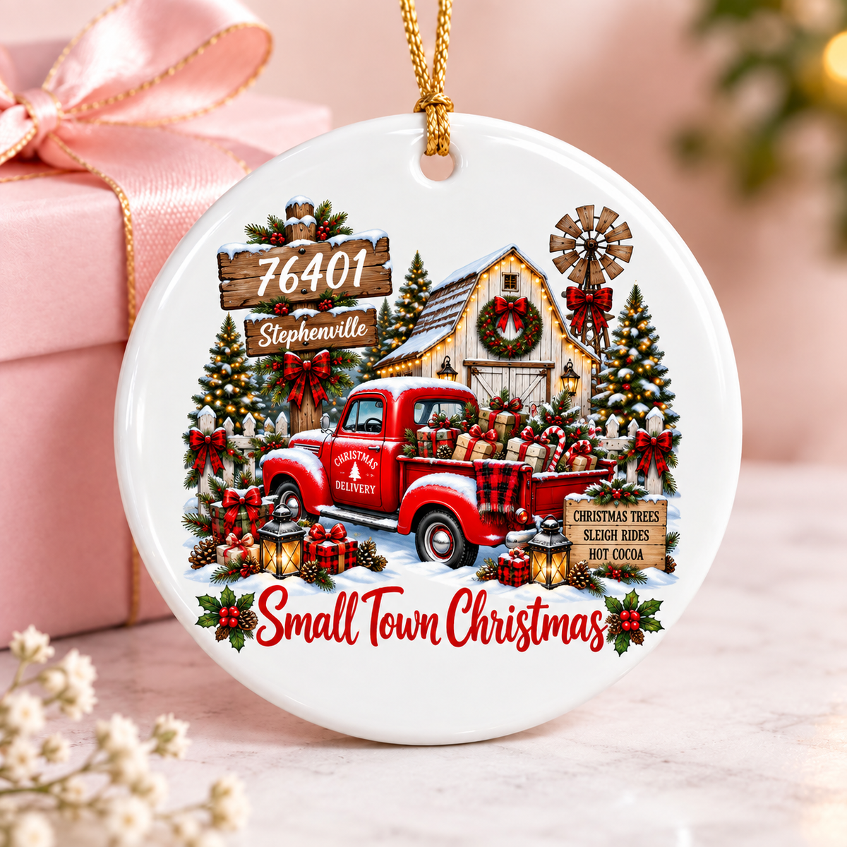 Custom Zip Code Small Town Christmas - Personalized Ceramic Ornament - Trendy Christmas Holiday Tee, Town Pride