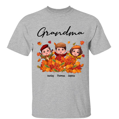 Fall Season Kids Playing In Leaf Pile Grandma Mom Personalized Shirt