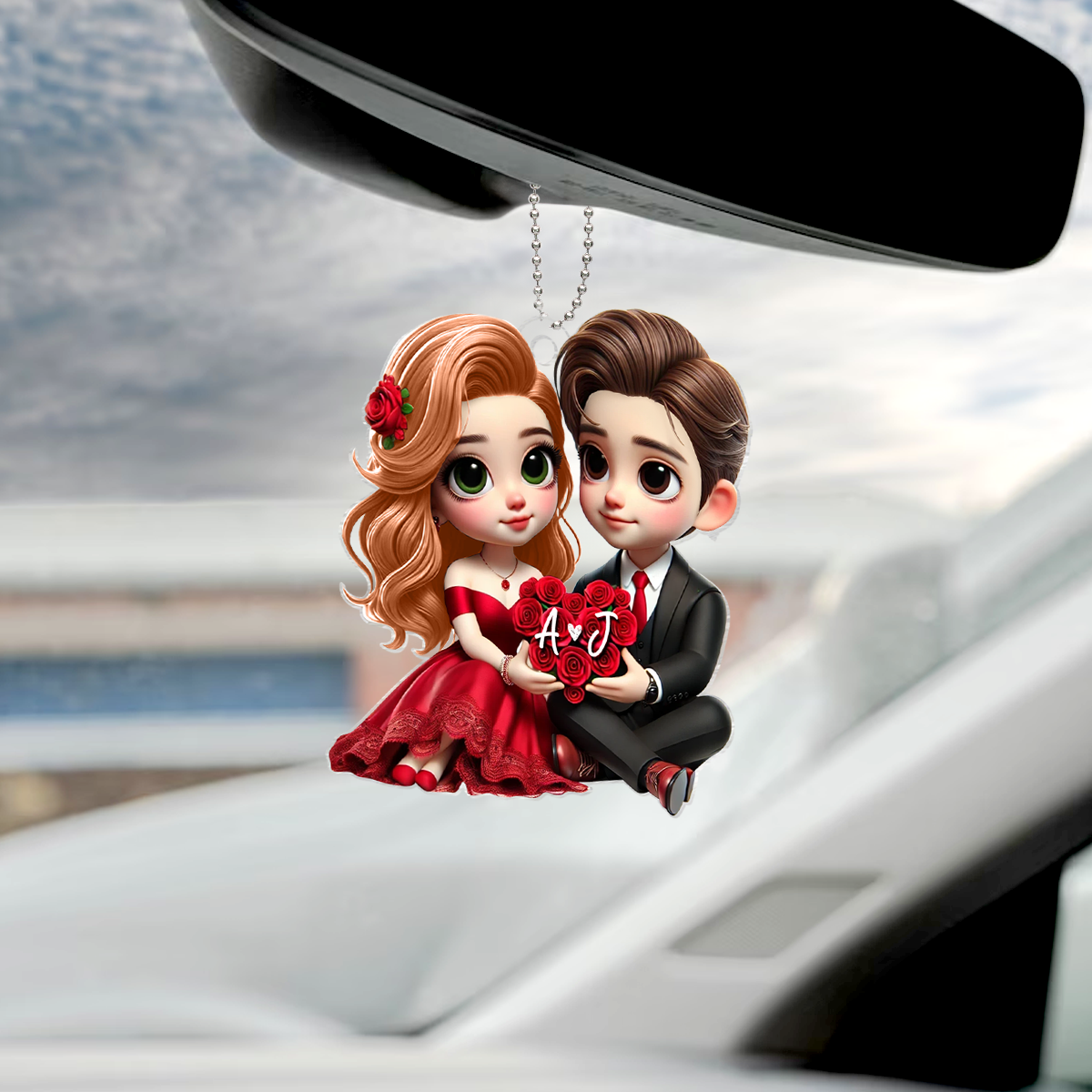 Romantic  Couple Roses Personalized Acrylic Car Hanger, Anniversary Gift for him, Gift for her