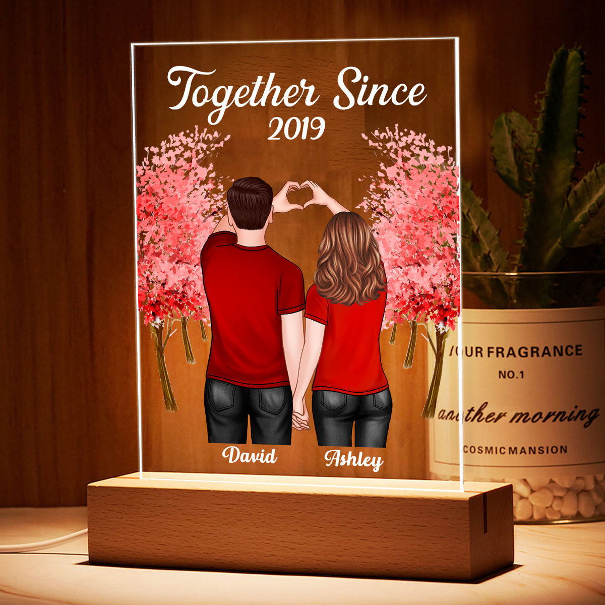 Couple Back View Heart Hands Red Tree Personalized Plaque LED Night Light