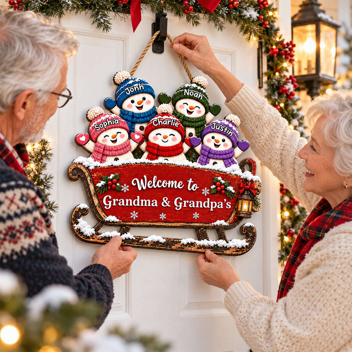 Grandkids Snowman On Sleigh 2D Flat Printed - Personalized Wood Sign - Christmas Decor For Grandparents