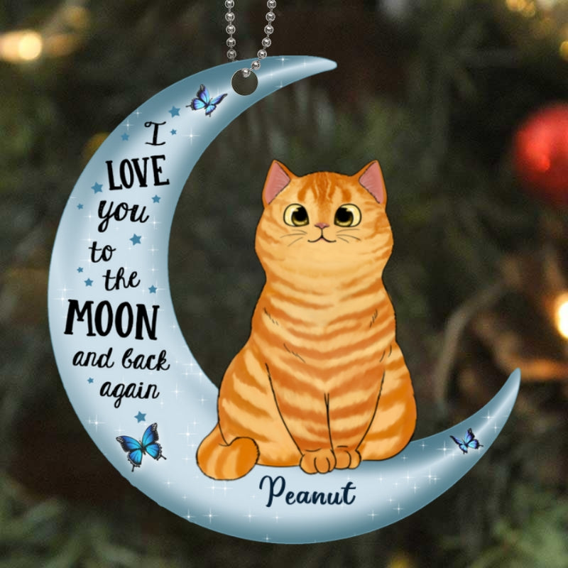 Love To The Moon Fluffy Cat Christmas Personalized Acrylic Ornament