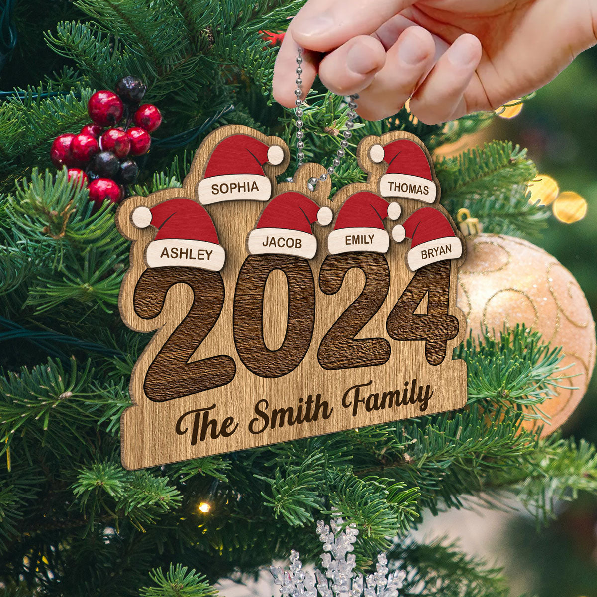 2024 Family Members Names Christmas Hat Personalized 2-Layer Wooden Ornament