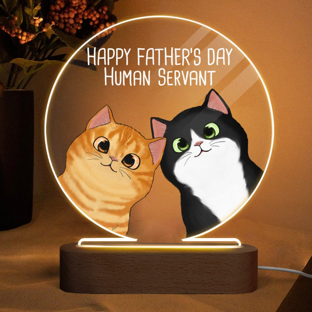 Happy Father‘s Day Human Servant Peeking Fluffy Cats Personalized Circle Acrylic Plaque LED Night Light