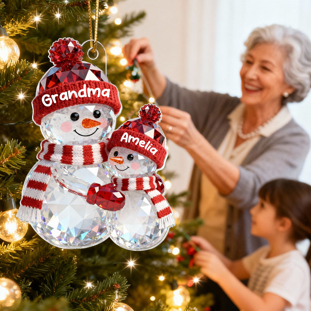 3D Effect Flat Snowman Grandma Hugging Grandkid Christmas - Personalized Acrylic Ornament - Gift For Grandkids