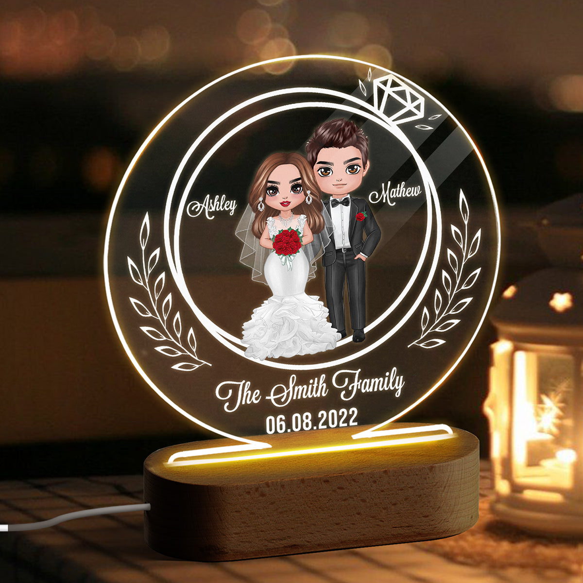 Groom Bride Couple Ring Personalized Circle Plaque LED Night Light - Wedding Anniversary Gift