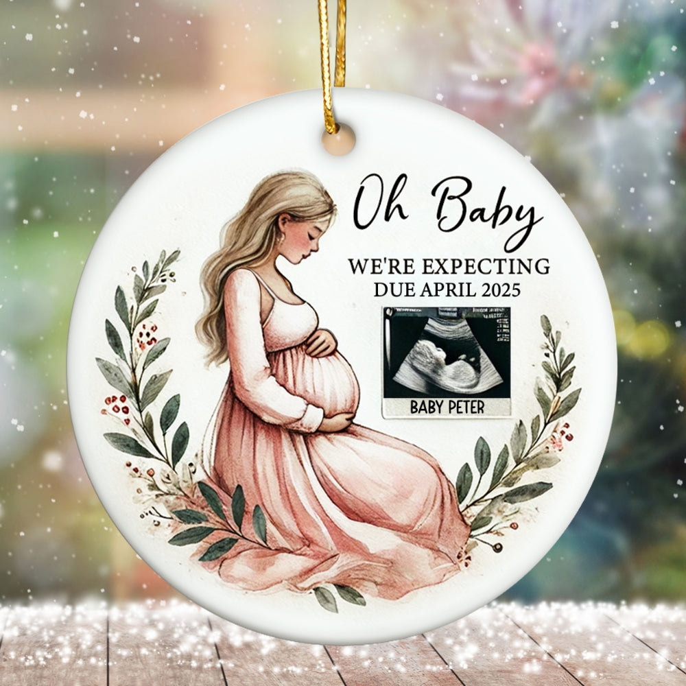 Oh Baby We're Expecting Pregnant Mom Baby Bump's Christmas Personalized Ceramic Ornament