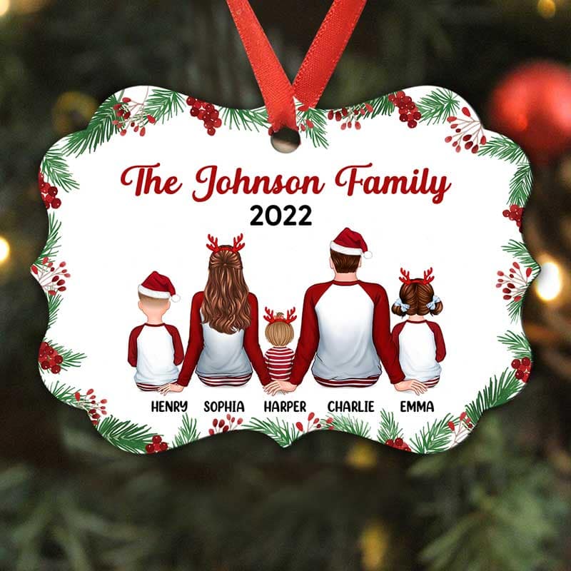 Holly Branch Pajamas Family Sitting Christmas Personalized Christmas Ornament