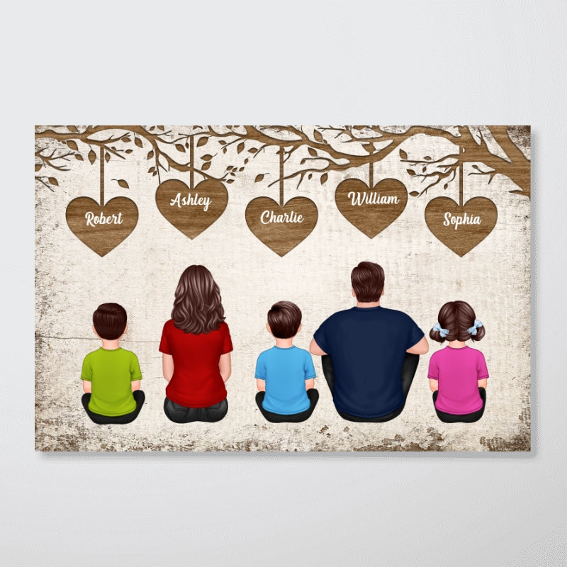 Whole Back View Family Sitting Under Heart Tree Personalized Horizontal Poster